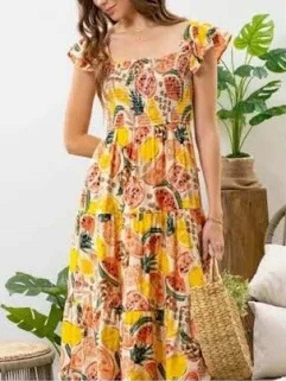 By The River Womens Cottage Smocked Dress Fruit Print Novelty Midi Resort Medium